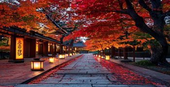 京都秋日枫叶，千年神社前红叶如火，石灯笼静默伫立，亚洲天堂东亚文化之美的极致呈现